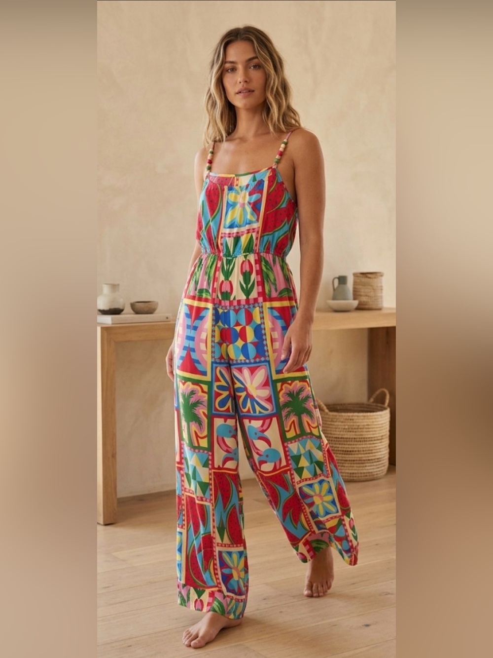 Japna Vibrant Tropical Patchwork Wide Leg Jumpsuit Medium Watermelon Floral